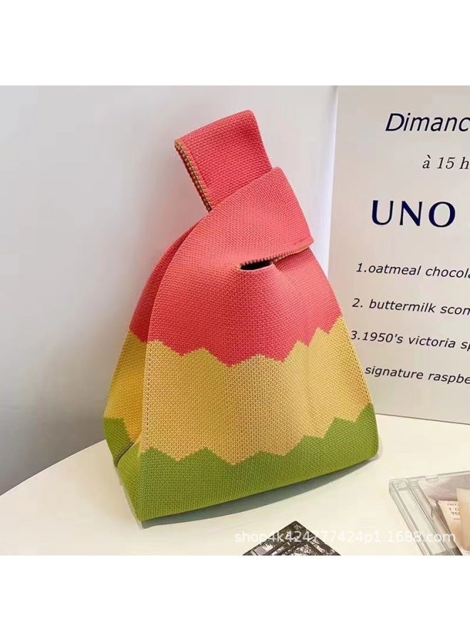 Ins Korean Knitted Flowers Gift For Girlfriend To Send Mother Daily All-Match Sweet Street Hand Tote Bag-Color:Three-color Wave-rose Red  - Image 1