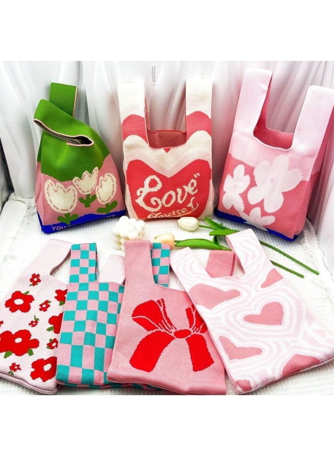 Ins Korean Knitted Flowers Gift For Girlfriend To Send Mother Daily All-Match Sweet Street Hand Tote Bag-Color:Three-color Wave-rose Red  - Image 2