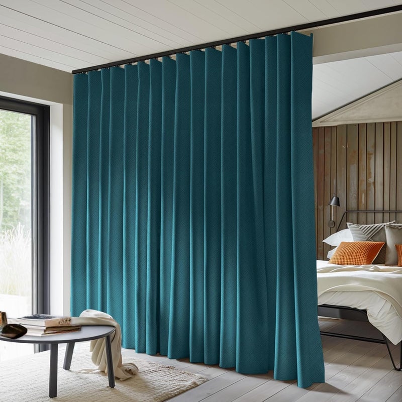 MaKefeile Room Divider Curtains Total Blackout Privacy Curtain Panel Room Thermal Insulated Noise Reduction Curtains for Bedroom Window Living Room Ceiling Track Curtain W 15 ft × H 8 ft Azure Blue - Image 1
