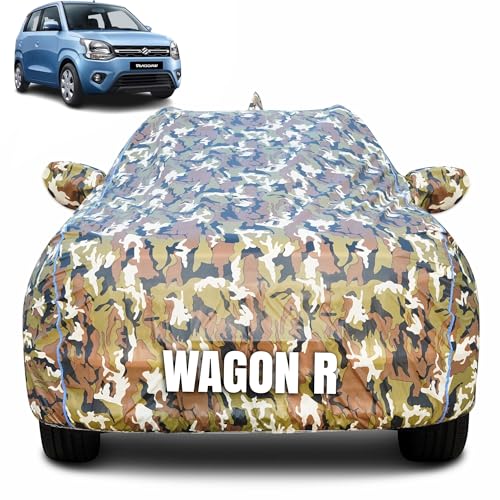 CABIUS 100% Waterproof Car Body Cover for Maruti Suzuki Wagon R (1999-2024) with Mirror Pocket (Heat & UV Resistant, Triple Stitched, Soft Lining, Bottom Elastic & Piping) Camouflage, Military Print - Image 1