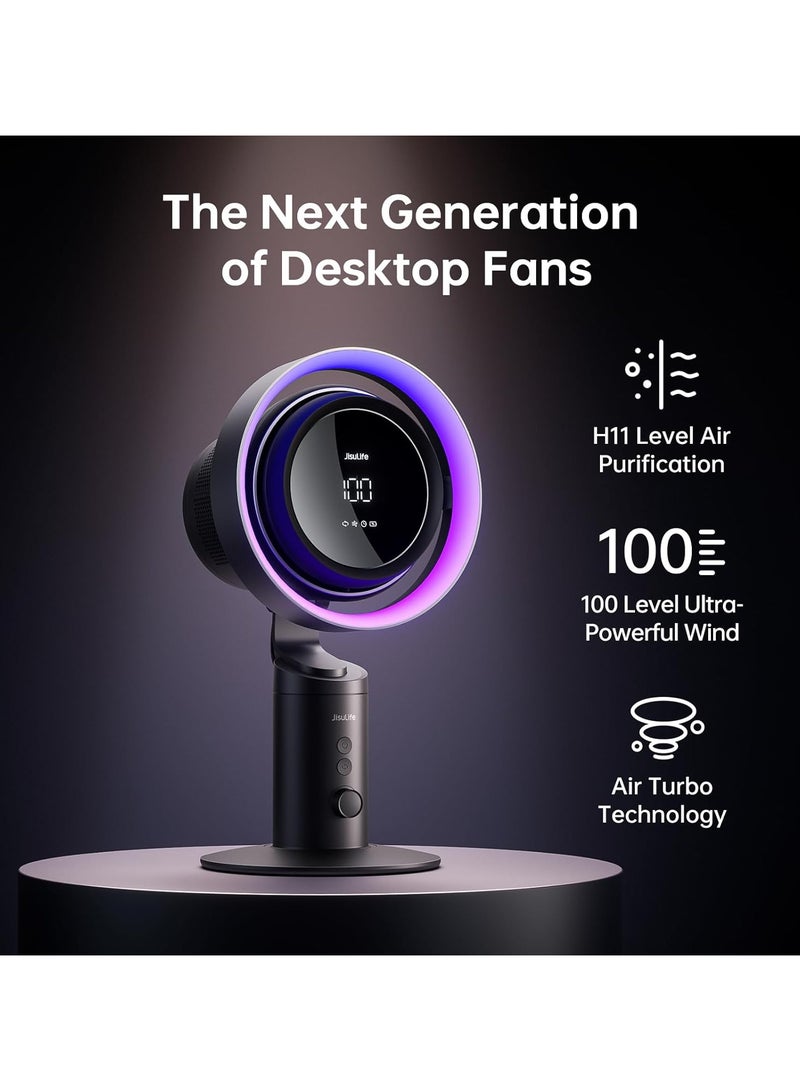 JISULIFE Jisulife Table Fan Pro3, 3-IN-1 Turbo Oscillating Fan with Air Purifier and RGB Light, H11 HEPA Filter, 100-Speed Adjustable, 10000mAh Rechargeable Battery, Powerful Airflow for Desktop/Office/Bedroom  - Image 2