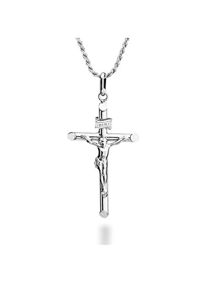 Arabest Rhodium Plated 925 Sterling Silver Small or Large Crucifix Necklace for Men Women, Cross Pendant with Rope Chain, Made in Italy - Image 1