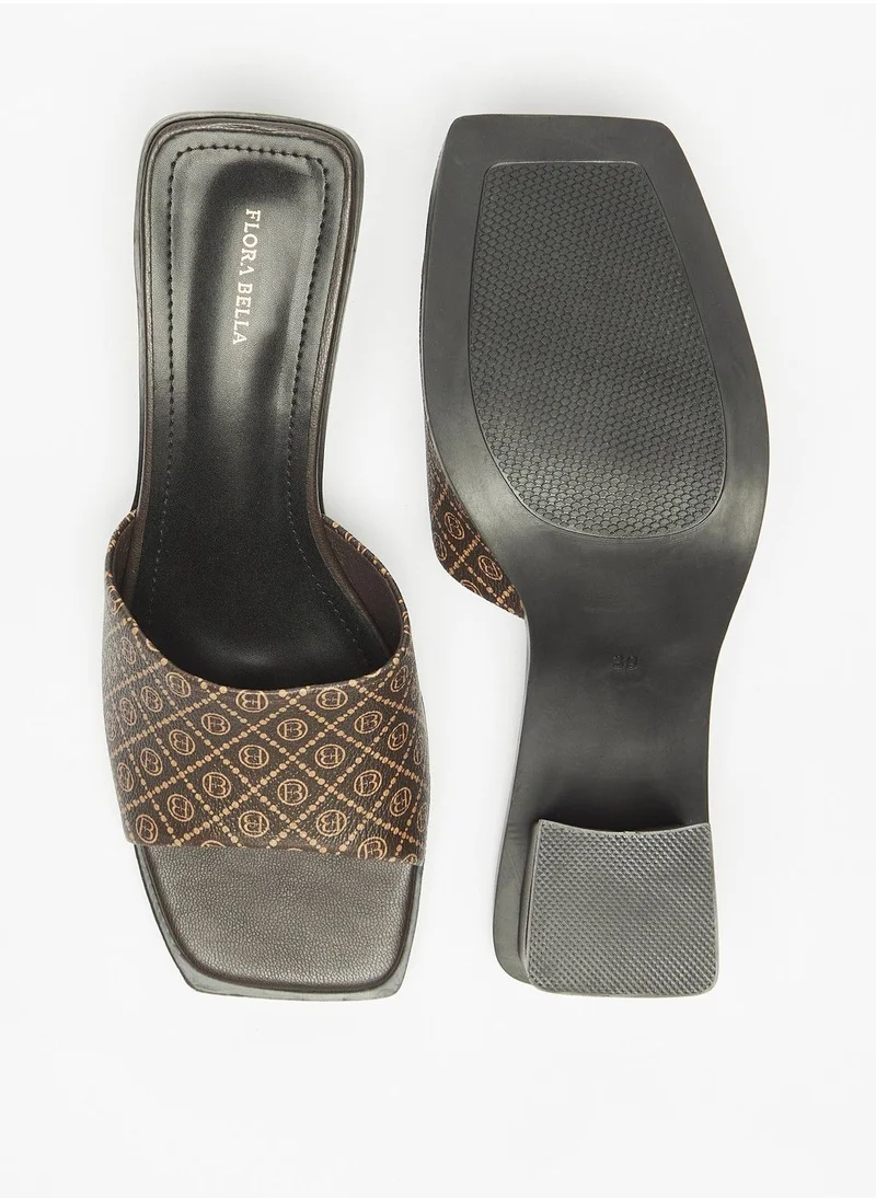 فلورا بيلا Flora Bella All-Over Logo Print Slip-On Sandals with Block Heels