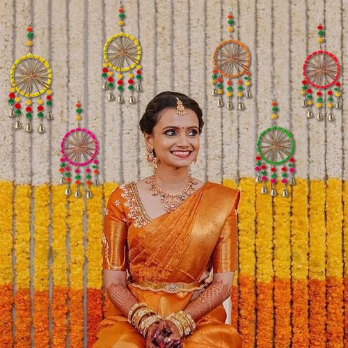 Party Propz Multicolor Decorative Wall Hangings with Bells - 6 Pcs Hanging Decorative Items, Latkan for Home Decorations, Mehendi Decoration Setup, Haldi Decoration Items for Home - Image 4