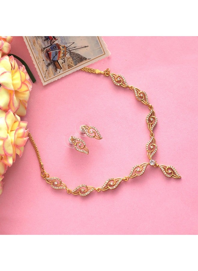 Estele Valentine Gifts For Girlfriend/Wife: Estele 24 Kt Gold Plated Oval Twirl American Diamond Necklace Set For Girls and Women - Image 2