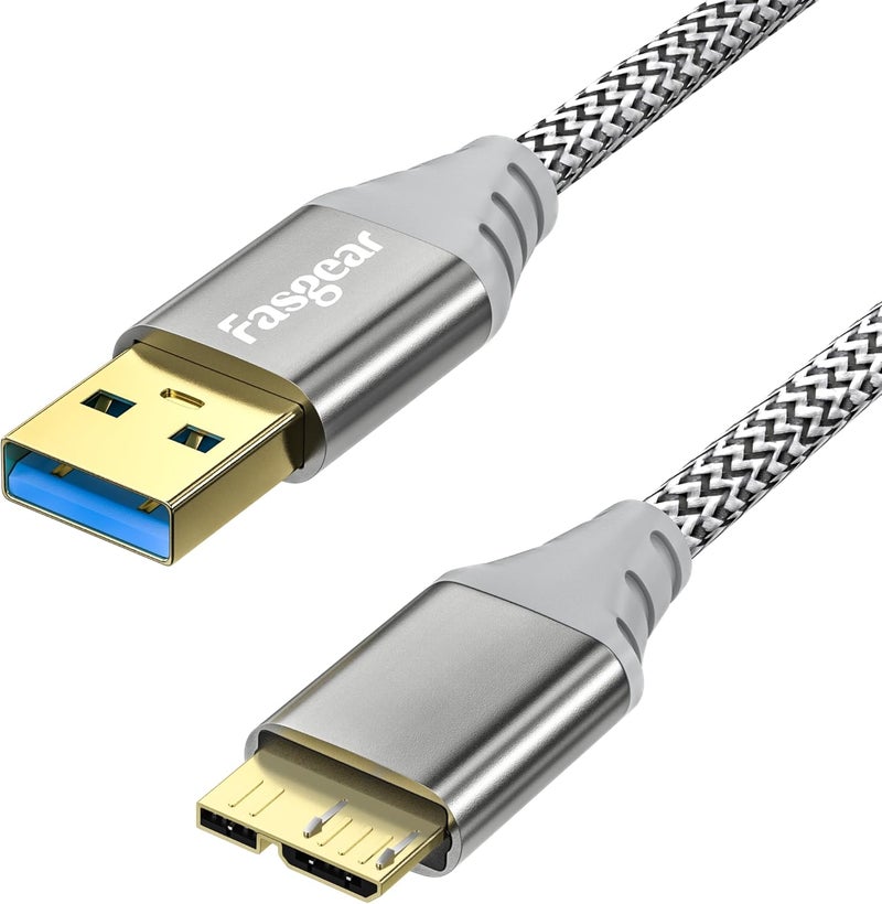 Fasgear USB 3.0 to Micro B Cable - Nylon Braided 5Gbps Charging and Syncing for Galaxy Note 3, Hard Drive, Mobile Hard Disk (3ft, Gray) - Image 1