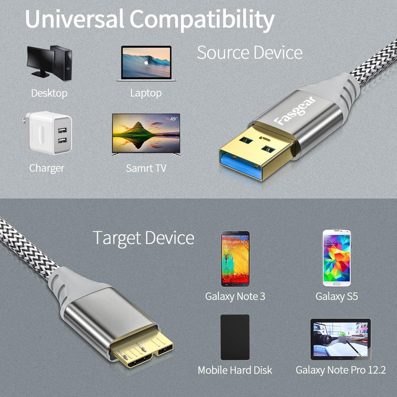 Fasgear USB 3.0 to Micro B Cable - Nylon Braided 5Gbps Charging and Syncing for Galaxy Note 3, Hard Drive, Mobile Hard Disk (3ft, Gray) - Image 5