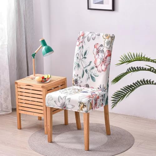 Styleys Elastic Chair Cover Stretch Removable Washable Short Dining Chair Cover Protector Seat Slipcover (Set of 6, White Pink Flower/Green Leaf, SLMC301) - Image 2