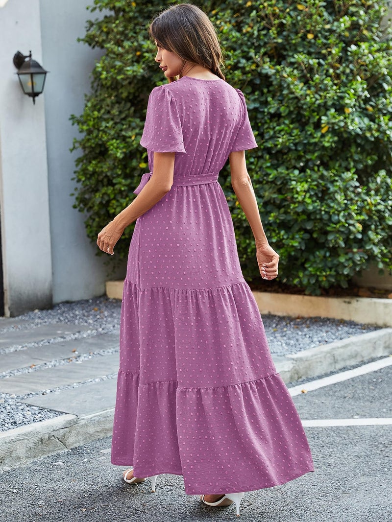 MASCOMODA Women Boho Swiss Dot Maxi Dresses Wrap V Neck Flutter Short Sleeve Solid Tie Waist A Line Tiered Flowy Long Dress(Purple,Large) - Image 4