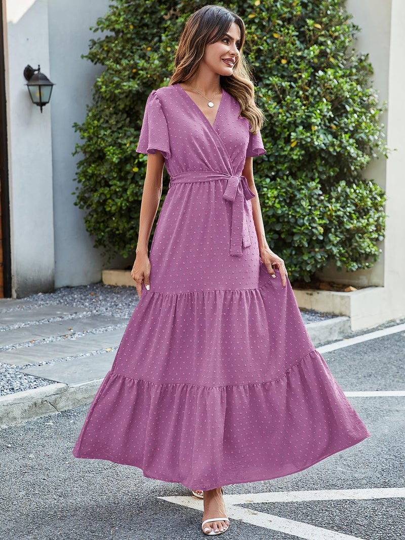 MASCOMODA Women Boho Swiss Dot Maxi Dresses Wrap V Neck Flutter Short Sleeve Solid Tie Waist A Line Tiered Flowy Long Dress(Purple,Large) - Image 3