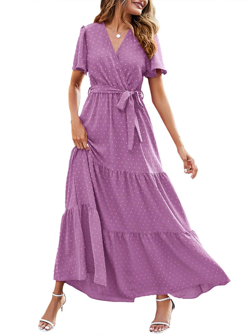 MASCOMODA Women Boho Swiss Dot Maxi Dresses Wrap V Neck Flutter Short Sleeve Solid Tie Waist A Line Tiered Flowy Long Dress(Purple,Large) - Image 1