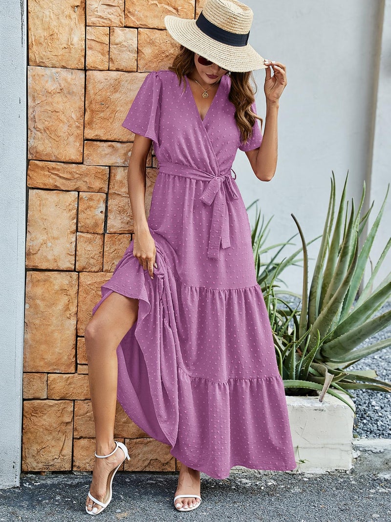 MASCOMODA Women Boho Swiss Dot Maxi Dresses Wrap V Neck Flutter Short Sleeve Solid Tie Waist A Line Tiered Flowy Long Dress(Purple,Large) - Image 2