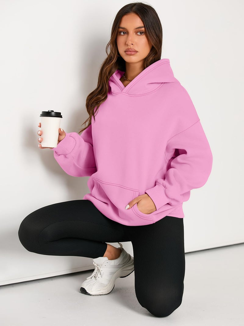 EFAN Women's Oversized Fleece Hoodie, Cozy Plush Pullover Sweatshirt with Pocket Pink L - Image 5