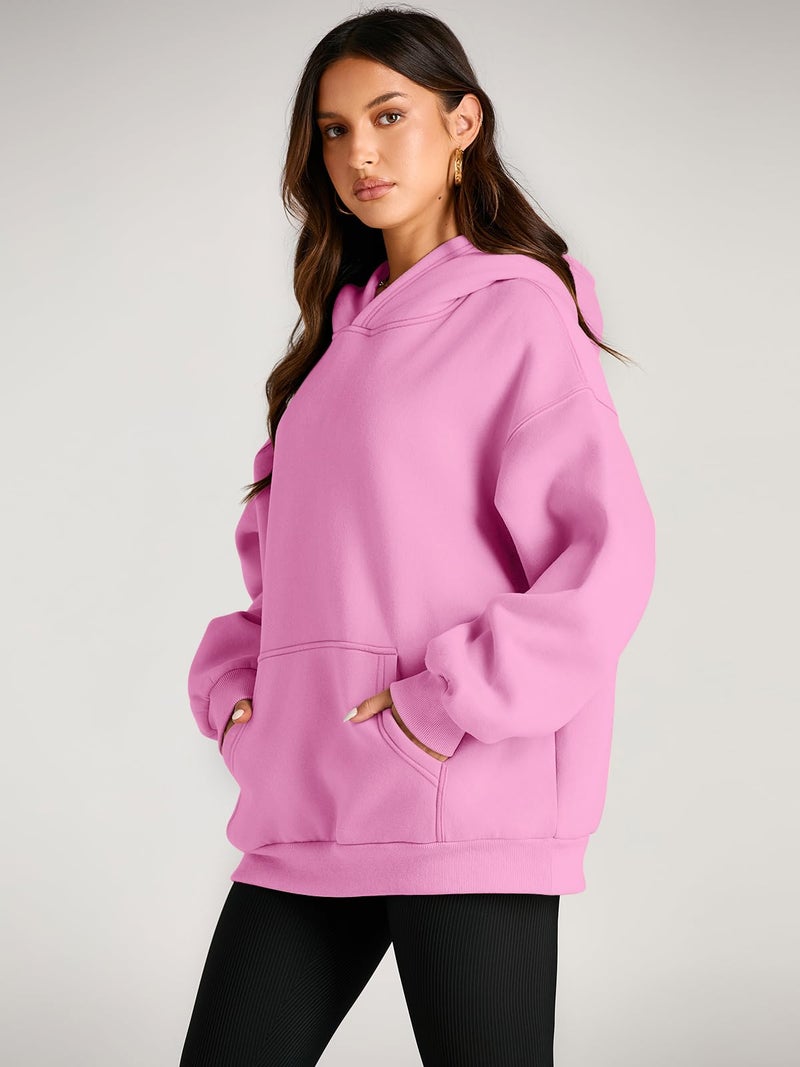 EFAN Women's Oversized Fleece Hoodie, Cozy Plush Pullover Sweatshirt with Pocket Pink L - Image 3