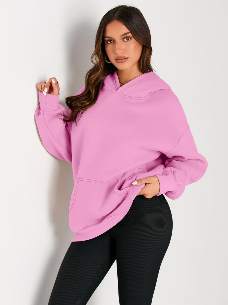 EFAN Women's Oversized Fleece Hoodie, Cozy Plush Pullover Sweatshirt with Pocket Pink L - Image 2