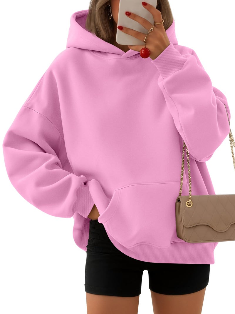 EFAN Women's Oversized Fleece Hoodie, Cozy Plush Pullover Sweatshirt with Pocket Pink L - Image 1