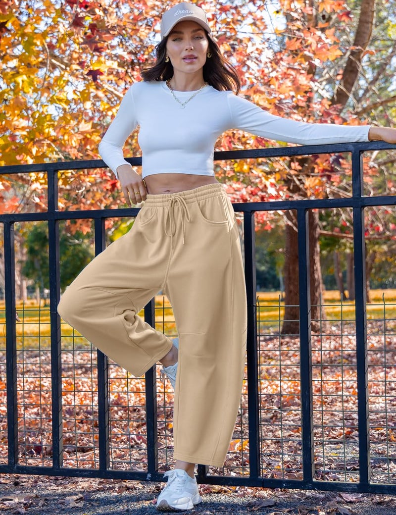 TARSE Women's Barrel Leg Sweatpant Drawstring Elastic Waisted Wide Leg Pants Casual Cotton Palazzo Trousers with Pockets, Khaki M - Image 2