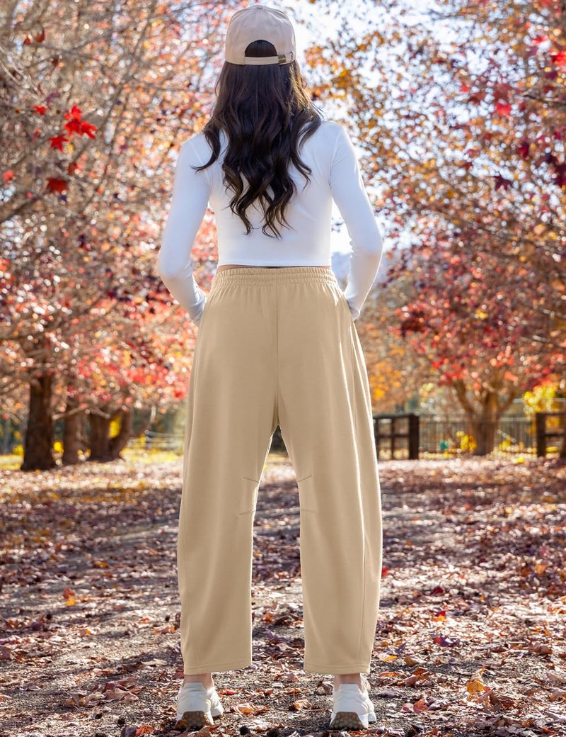 TARSE Women's Barrel Leg Sweatpant Drawstring Elastic Waisted Wide Leg Pants Casual Cotton Palazzo Trousers with Pockets, Khaki M - Image 5