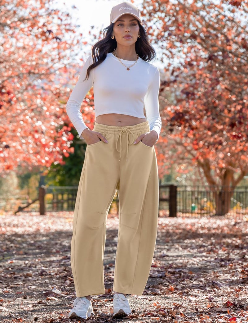 TARSE Women's Barrel Leg Sweatpant Drawstring Elastic Waisted Wide Leg Pants Casual Cotton Palazzo Trousers with Pockets, Khaki M - Image 4