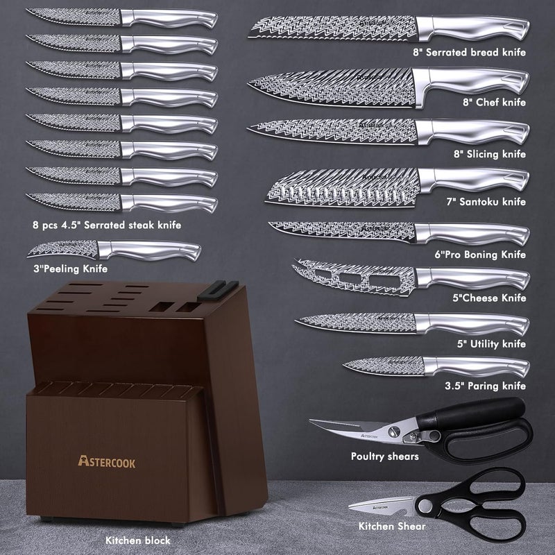 Astercook Knife Set, 21 Pieces Kitchen Knife Set with Built-in Sharpener, German Stainless Steel Knife Block Set, Razor-Sharp Knives with Full-tang Handle, Dishwasher Safe, Silver - Image 3