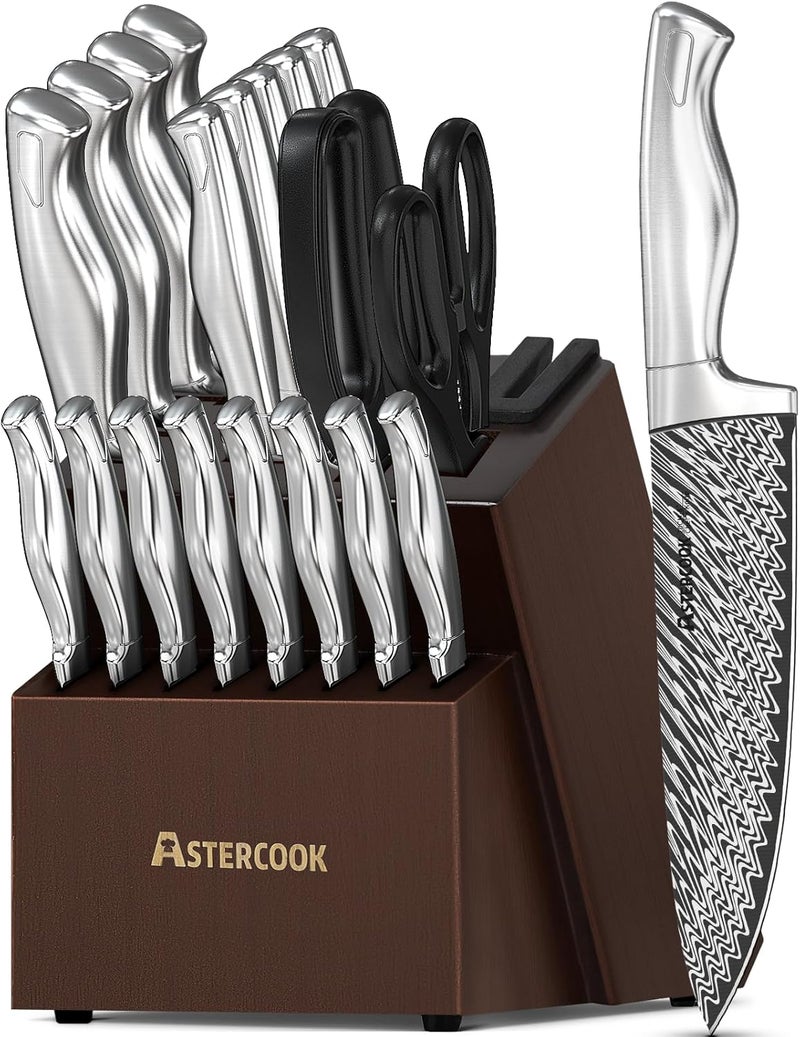 Astercook Knife Set, 21 Pieces Kitchen Knife Set with Built-in Sharpener, German Stainless Steel Knife Block Set, Razor-Sharp Knives with Full-tang Handle, Dishwasher Safe, Silver - Image 1