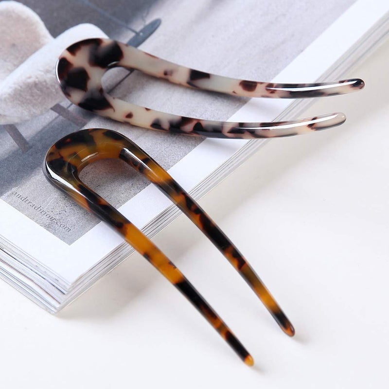 Fsmiling French Hair Pins Tortoise Shell U Shaped 2 Prong Hair Sticks Acetate Chignon Pin for Women Hairstyle Accessories 2 Pack - Image 5