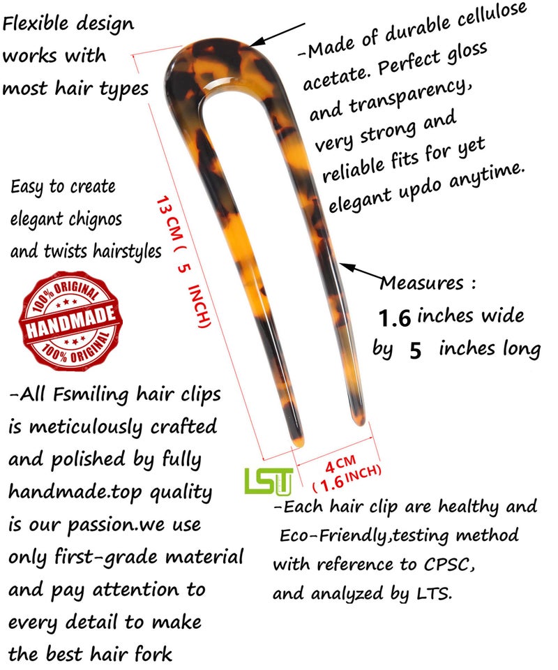 Fsmiling French Hair Pins Tortoise Shell U Shaped 2 Prong Hair Sticks Acetate Chignon Pin for Women Hairstyle Accessories 2 Pack - Image 3