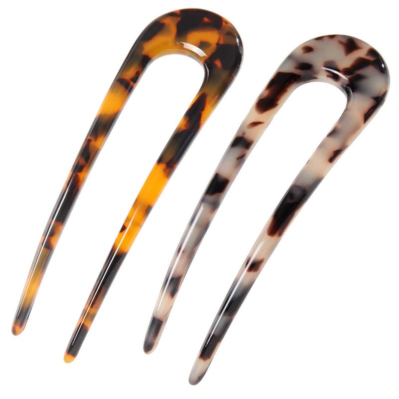 Fsmiling French Hair Pins Tortoise Shell U Shaped 2 Prong Hair Sticks Acetate Chignon Pin for Women Hairstyle Accessories 2 Pack - Image 1