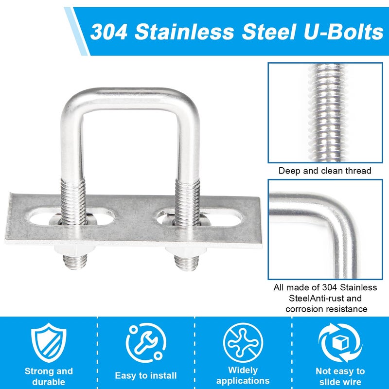 Yinpecly 4 Pack Square U-Bolts 0.79"/20mm Inner Width 1.97"/50mm Length 304 Stainless Steel U Bolts M6 with Washers & Nuts & Frame Plate for Automobiles Trailer, Ski Boat, or Sailboat Trailer - Image 4