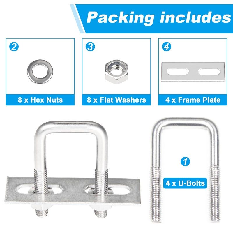 Yinpecly 4 Pack Square U-Bolts 0.79"/20mm Inner Width 1.97"/50mm Length 304 Stainless Steel U Bolts M6 with Washers & Nuts & Frame Plate for Automobiles Trailer, Ski Boat, or Sailboat Trailer - Image 3