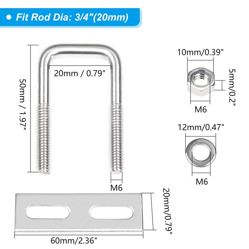 Yinpecly 4 Pack Square U-Bolts 0.79"/20mm Inner Width 1.97"/50mm Length 304 Stainless Steel U Bolts M6 with Washers & Nuts & Frame Plate for Automobiles Trailer, Ski Boat, or Sailboat Trailer - Image 2