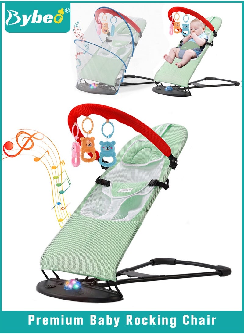 Bybeo Baby Bouncer, Infant Rocker, Portable Baby Swing Chair, Durable Bouncer Seat, Infant Rocking Bouncer for Babies, with 3-Point Harness, 4 Adjustable Height, Mosques Net, Toy Rack  - Image 1