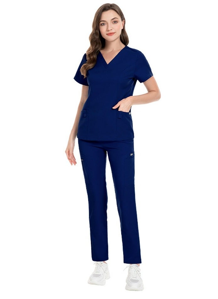 Loquat Unisex Fashion Medical Uniform Scrubs 2 Piece Set V-Neck Top and Pants Suit Navy Blue  - Image 1