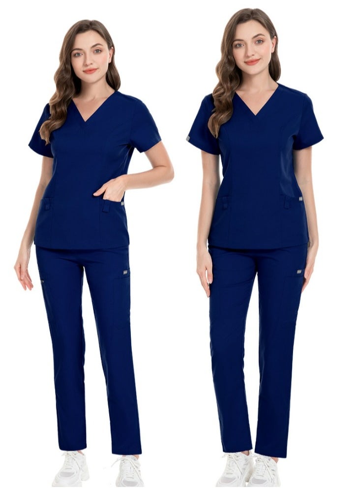 Loquat Unisex Fashion Medical Uniform Scrubs 2 Piece Set V-Neck Top and Pants Suit Navy Blue  - Image 2