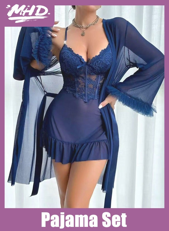 2pcs Set: Fishbone Style Cinch Waist Lace Cami Nightgown & Wide Sleeve Mesh Robe