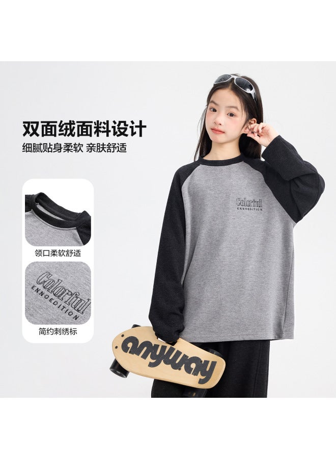 Girls' Winter Color-blocked Double-sided Fleece Base Layer Shirt  New Style Children's Warm Long-sleeve T-shirt