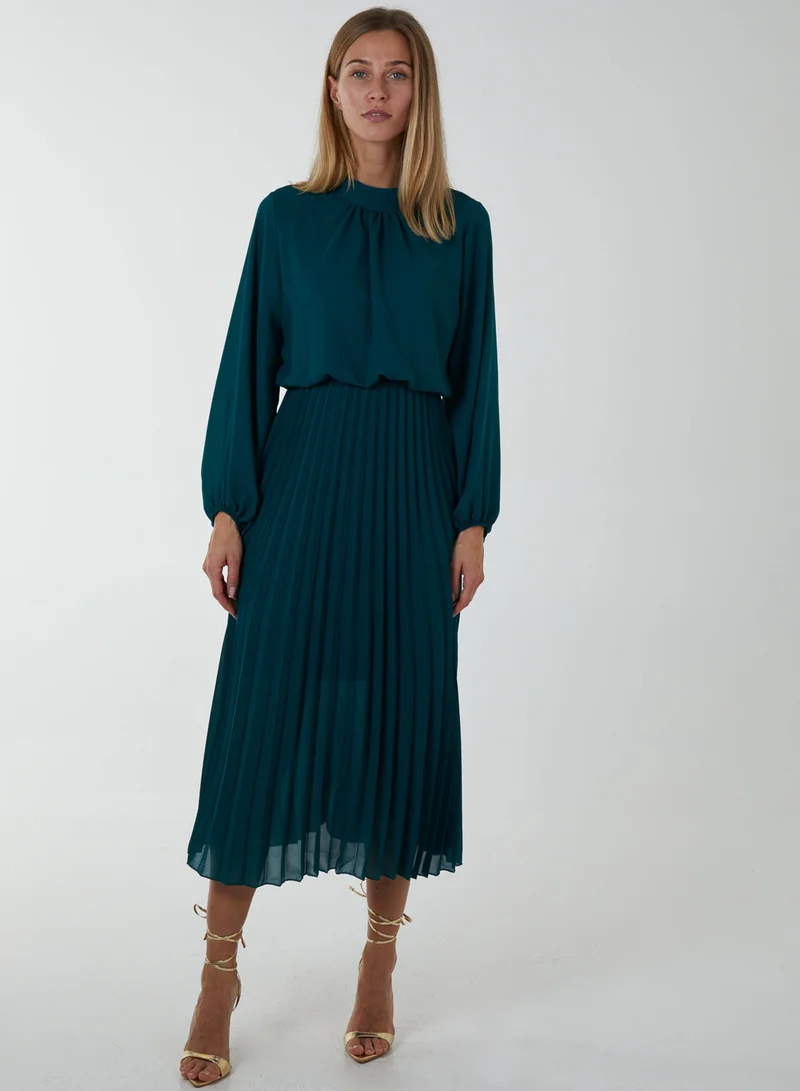 Blue Vanilla Pleated High Neck Blouson Dress