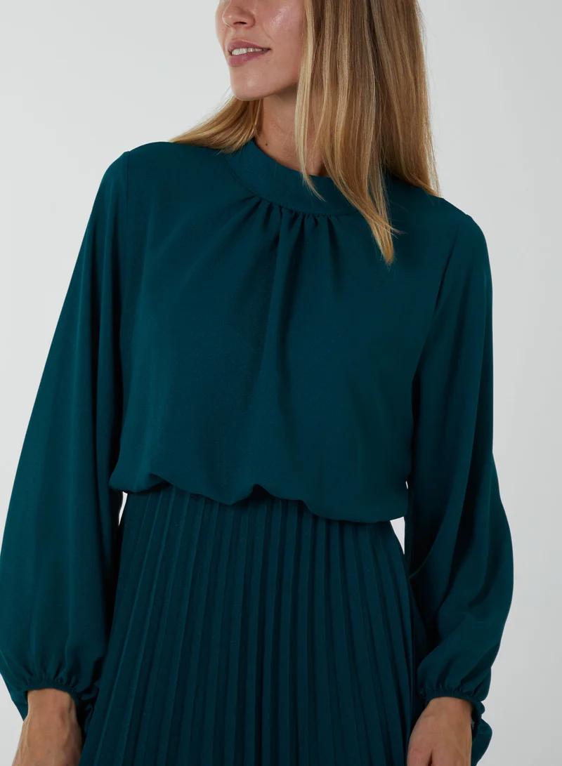 Blue Vanilla Pleated High Neck Blouson Dress