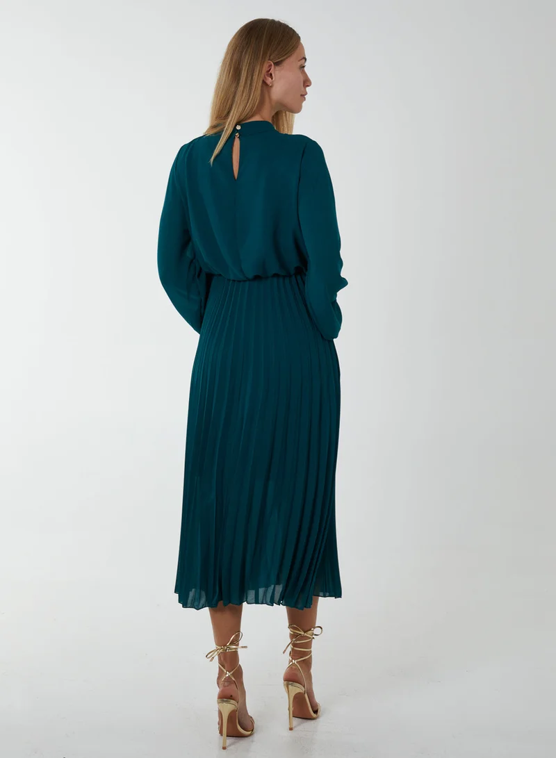 Blue Vanilla Pleated High Neck Blouson Dress