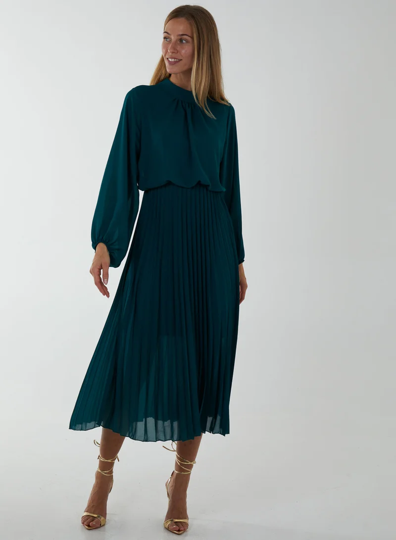 Blue Vanilla Pleated High Neck Blouson Dress