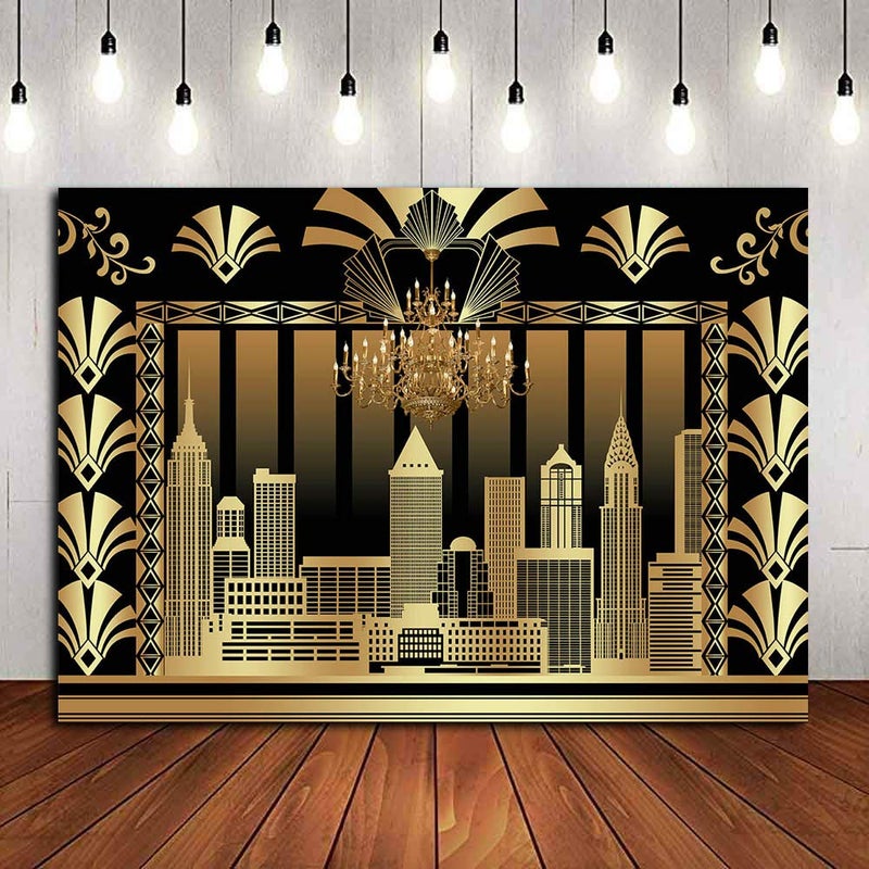 Qian 7x5ft The Great Gatsby Photography Backdrop Roaring 20's 20s Themed Backdrop Vintage Dance Black Gold Art Event Decoration Birthday Wedding Party Decoration Photo Background Booth Banner Supplies - Image 2