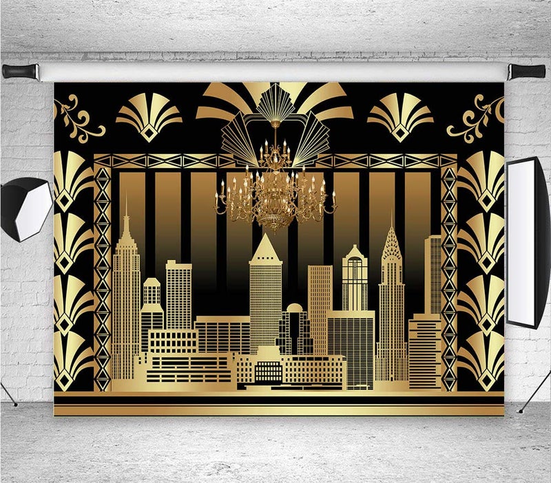 Qian 7x5ft The Great Gatsby Photography Backdrop Roaring 20's 20s Themed Backdrop Vintage Dance Black Gold Art Event Decoration Birthday Wedding Party Decoration Photo Background Booth Banner Supplies - Image 3