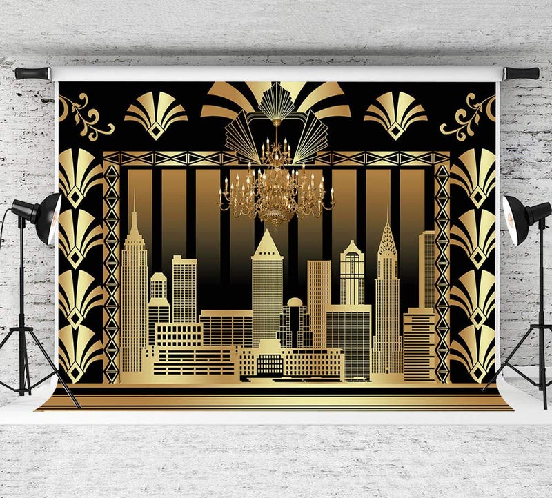 Qian 7x5ft The Great Gatsby Photography Backdrop Roaring 20's 20s Themed Backdrop Vintage Dance Black Gold Art Event Decoration Birthday Wedding Party Decoration Photo Background Booth Banner Supplies - Image 4