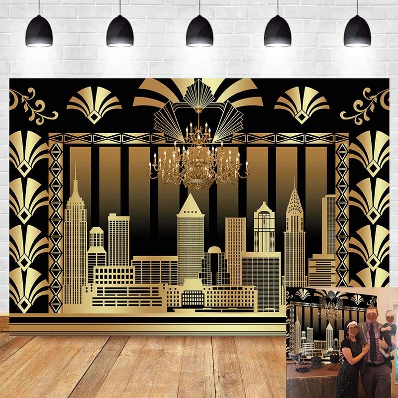 Qian 7x5ft The Great Gatsby Photography Backdrop Roaring 20's 20s Themed Backdrop Vintage Dance Black Gold Art Event Decoration Birthday Wedding Party Decoration Photo Background Booth Banner Supplies - Image 1