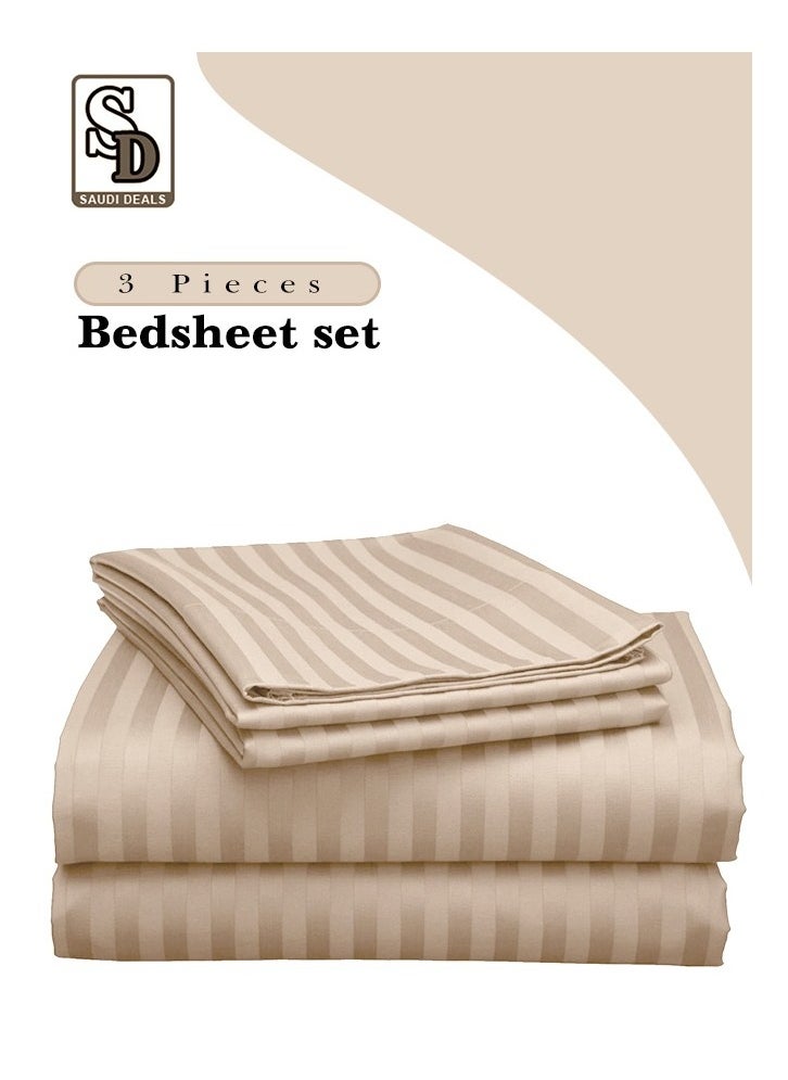 Generic - 3 Piece Luxury Cream Striped Bed Sheet Set with 1 Flat Sheet and 2 Pillowcases for Hotel and Home Crafted from Ultra Soft and Breathable Cotton for Year-Round Comfort, (King Size) - Image 1