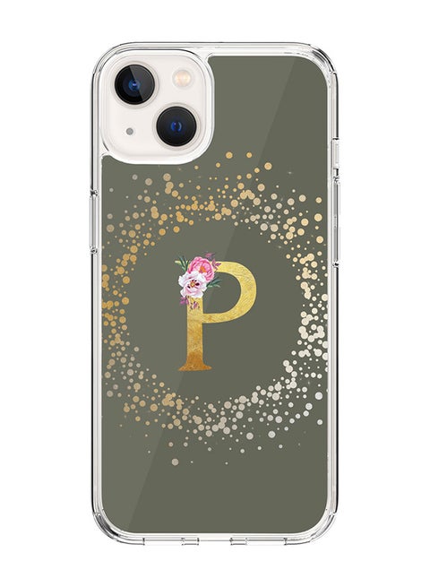 Classic Clear Case For iPhone 14, Hybrid Soft Case Flexible Edges Thin Cover- Custom Monogram Initial Letter Floral Pattern Alphabet - P(Olive Green)