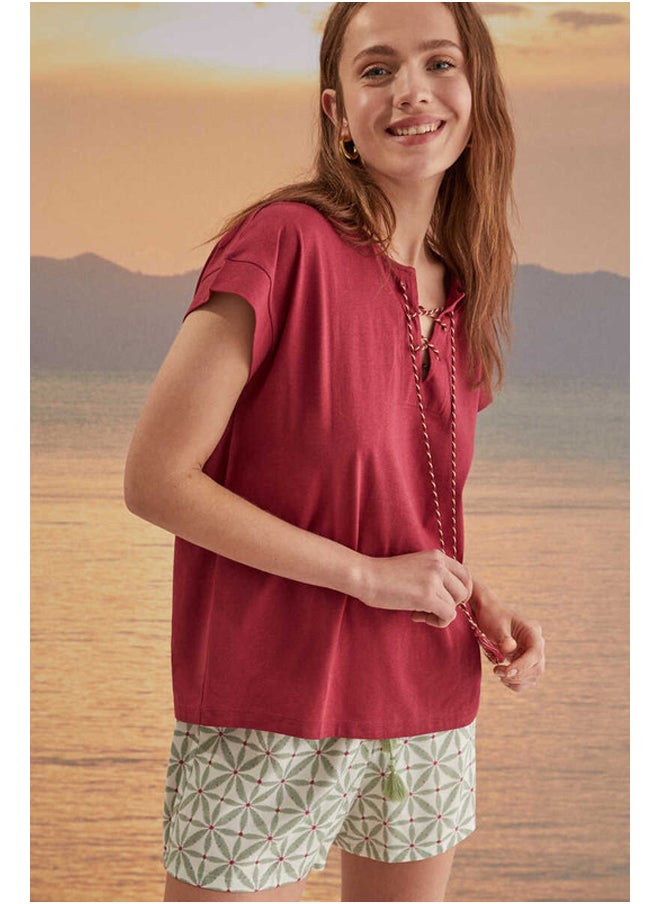women'secret Cotton t-shirt with crossed cord neckline  - Image 1