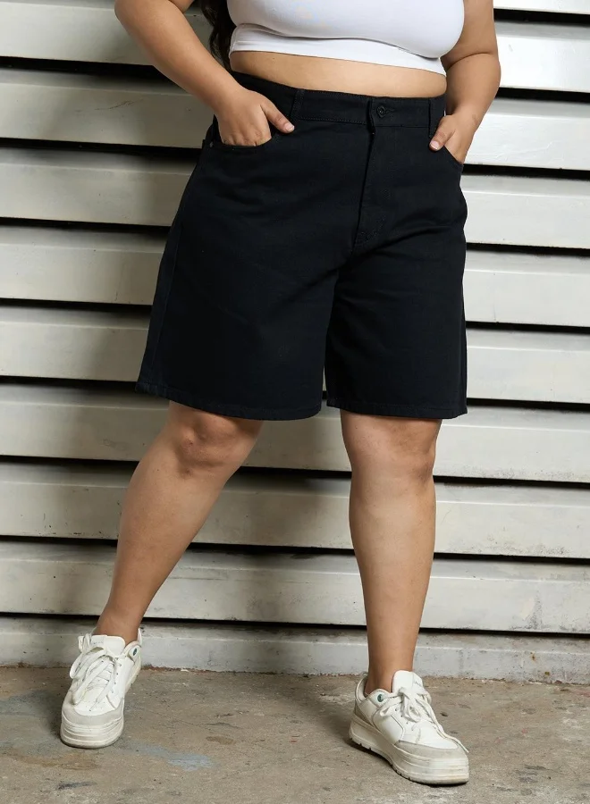 HIGH STAR Women's Black 100% Cotton Bleached Cropped Length Cargo Relaxed Shorts