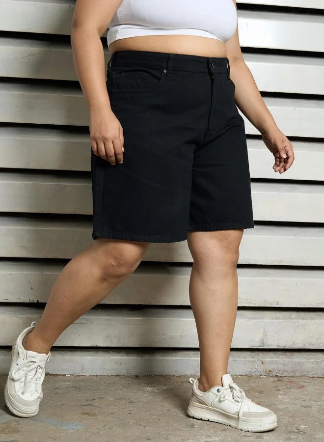 HIGH STAR Women's Black 100% Cotton Bleached Cropped Length Cargo Relaxed Shorts