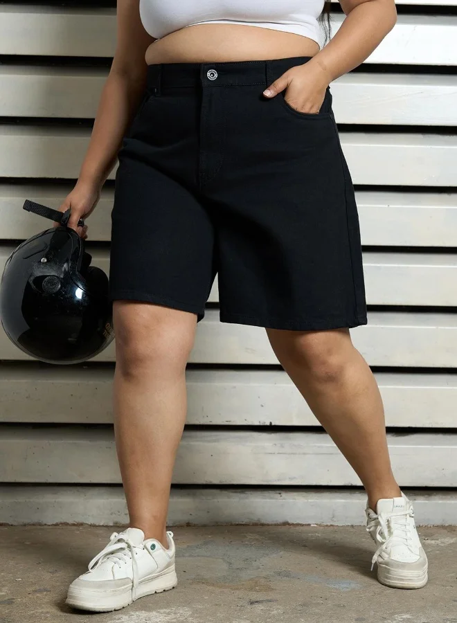 HIGH STAR Women's Black 100% Cotton Bleached Cropped Length Cargo Relaxed Shorts